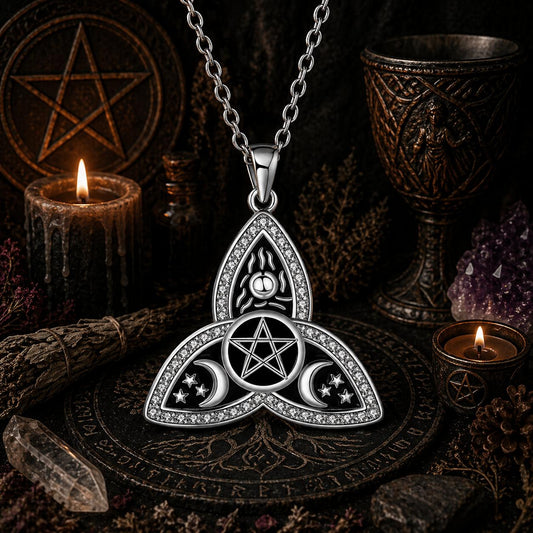 Witchcraft Pentagram Moon Triquetra Celtic Knot Necklace - Wicca Pagan Trinity Knot Jewelry-MoonChildWorld