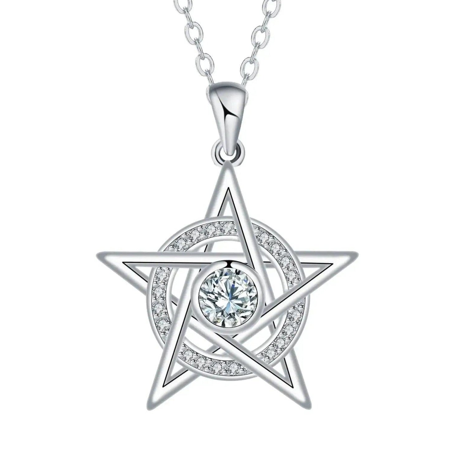 Witchcraft Pentagram Pendant Necklace with Clear Cubic Zirconia Wicca Jewelry-MoonChildWorld