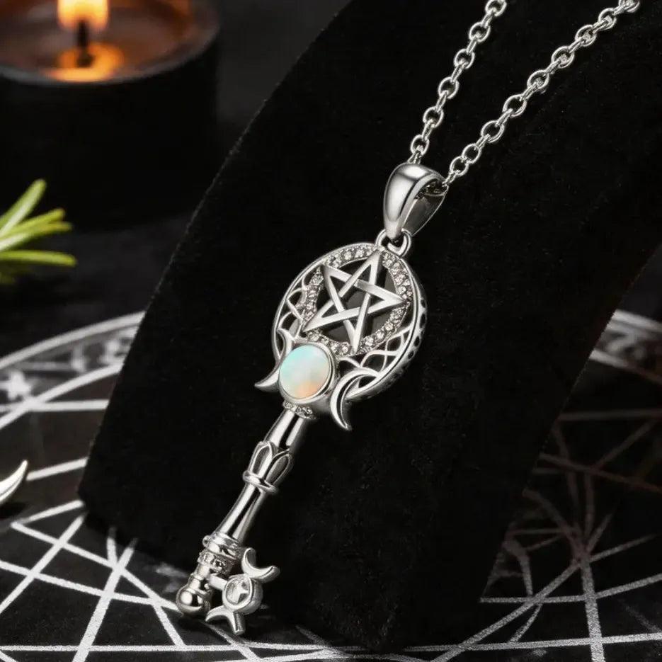 Witchcraft Pentagram Triple Moon Key Shape Necklace - Opal Wicca Symbol Pendant Witch Amulet Protection Jewelry-MoonChildWorld