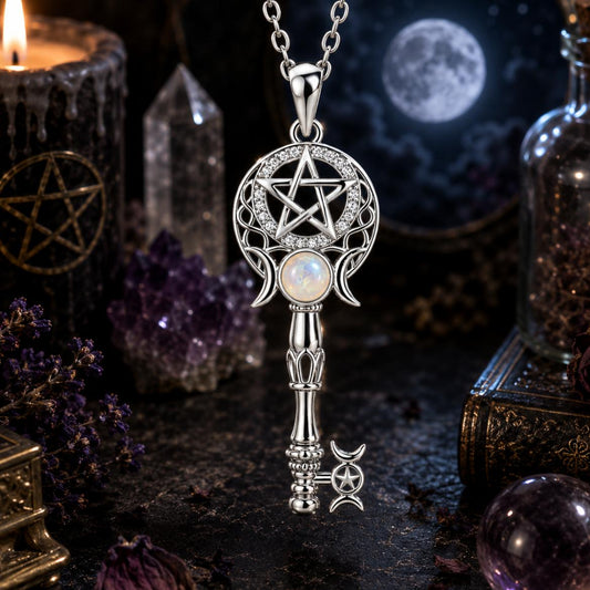Silver key necklace with a pentagram, triple moon, and opal stone, on a dark, mystical background.