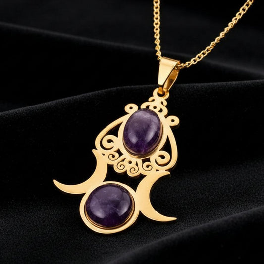Witchcraft Triple Moon Amethyst Pendant Necklace Wiccan & Pagan Jewelry-MoonChildWorld