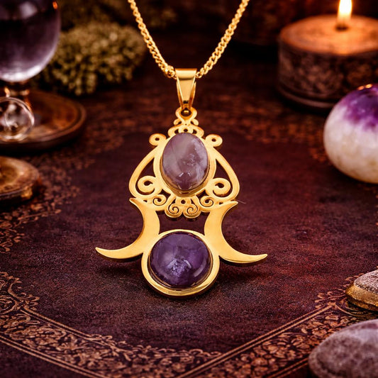 Witchcraft Triple Moon Amethyst Pendant Necklace Wiccan & Pagan Jewelry-MoonChildWorld