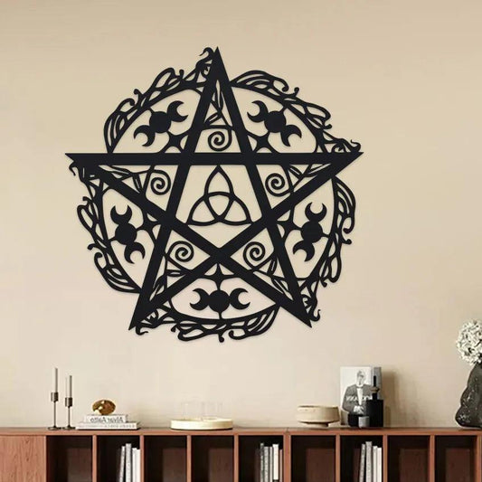 Witchcraft Triple Moon Pentacle Wall Art Wicca Metal Sign Pagan Decor-MoonChildWorld