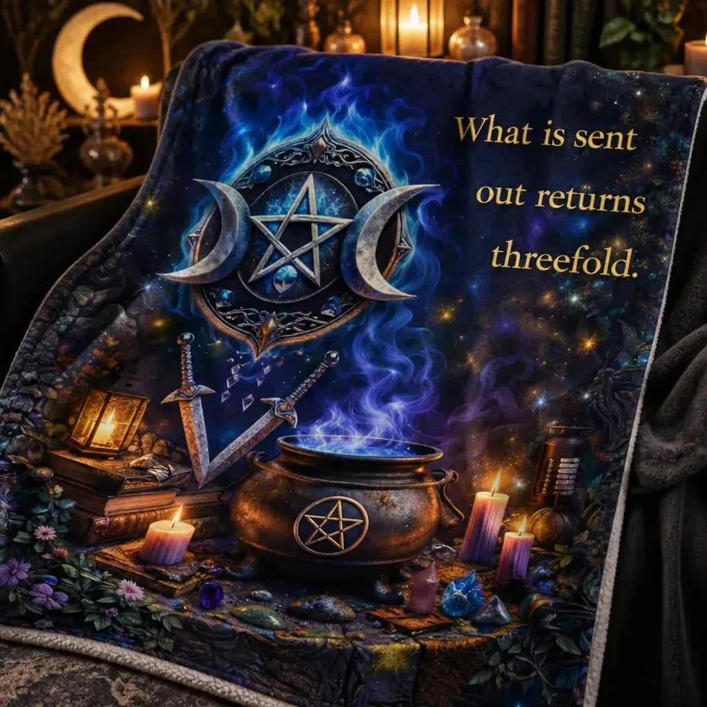 Witchcraft Triple Moon & Pentagram Pagan Blanket - Wiccan Symbols Witchy Blanket_mockup_3.webp