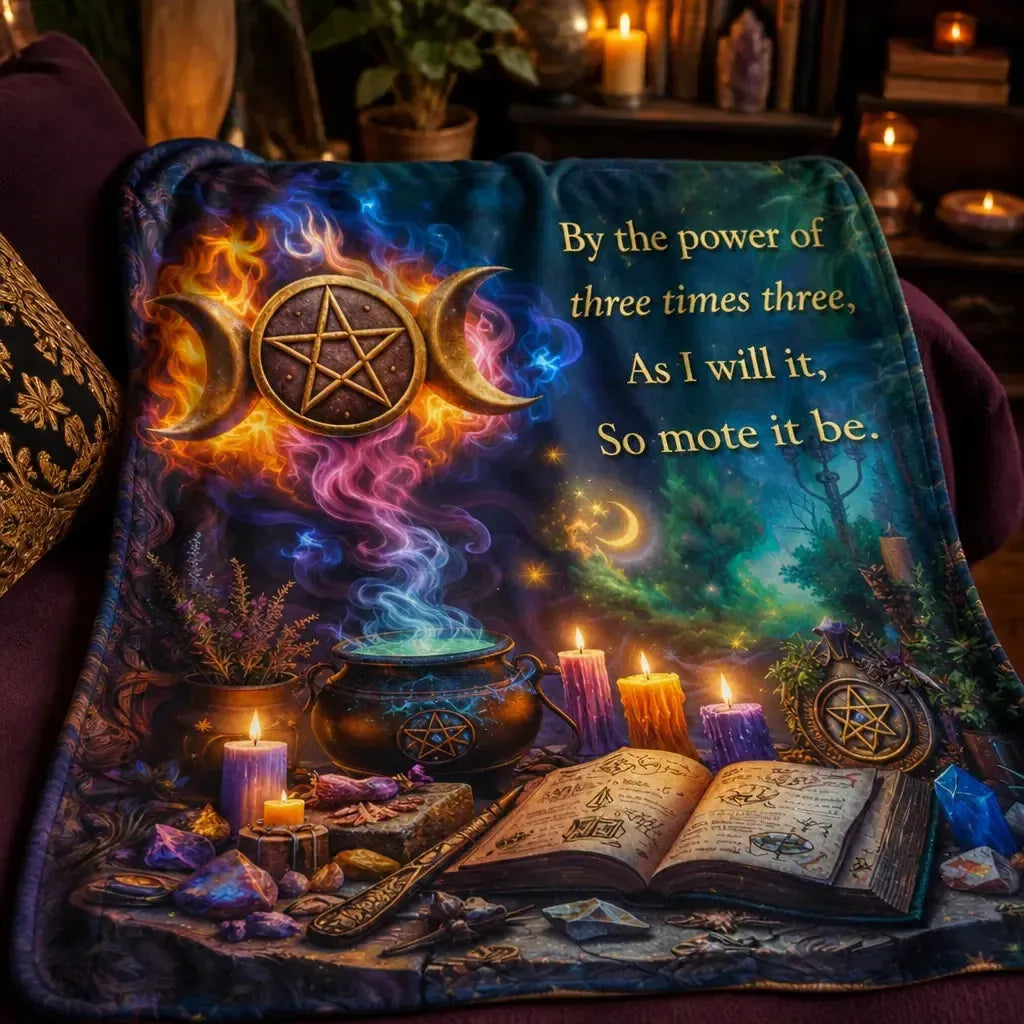 Witchcraft Triple Moon & Pentagram Pagan Blanket - Wiccan Symbols Witchy Blanket for Yule_mockup_3.webp
