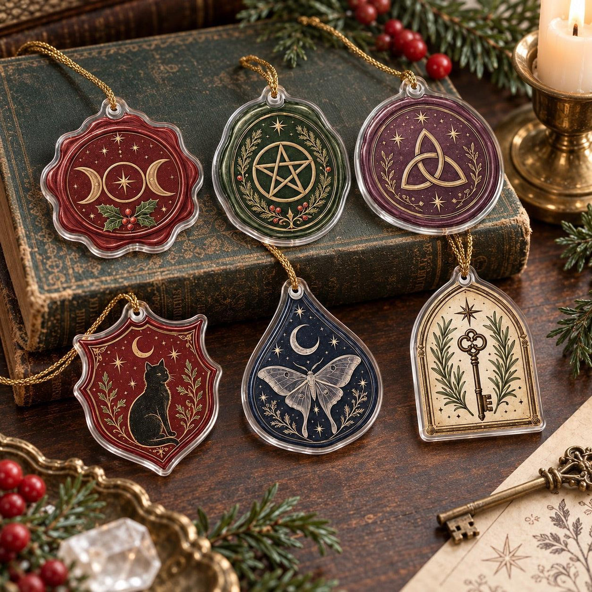 Witchcraft Wax Seal Acrylic Ornament Set – Pentacle Triquetra Yule Decor – set of 6, another view