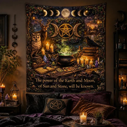 Witchcraft & Wicca Tapestry with Celestial Elements, Animals & Mystical Symbols_mockup_1.webp