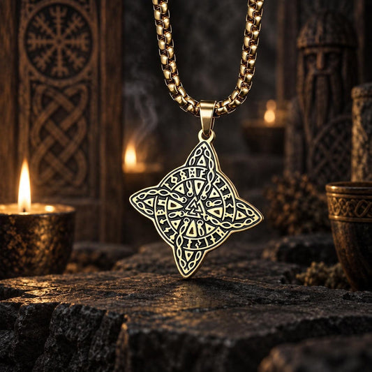 Witch's Knot & Nordic Valknut Amulet Necklace in a dark pagan Viking altar setting, detailed polished metal finish