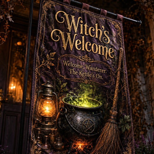 Witchs Welcome house flag displayed outdoors on a garden flag stand