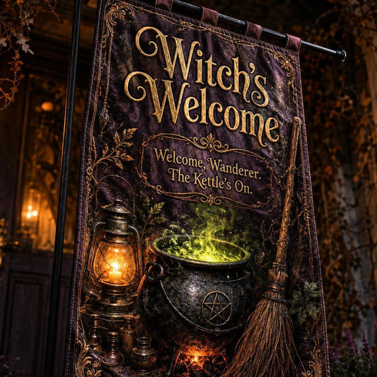 Witchs Welcome house flag displayed outdoors on a garden flag stand