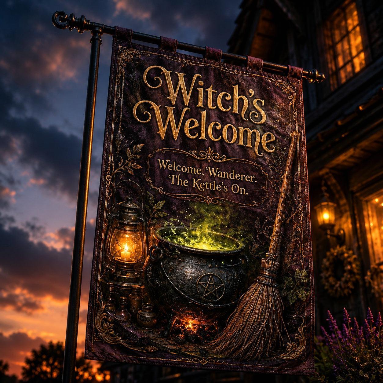 Witchs Welcome house flag mockup hanging outdoors as pagan decor