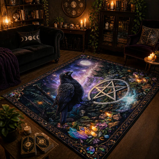 Witchy Area Rug with Black Raven & Wicca Pentacle - Gothic Crow Carpet for Halloween_mockup_1.webp