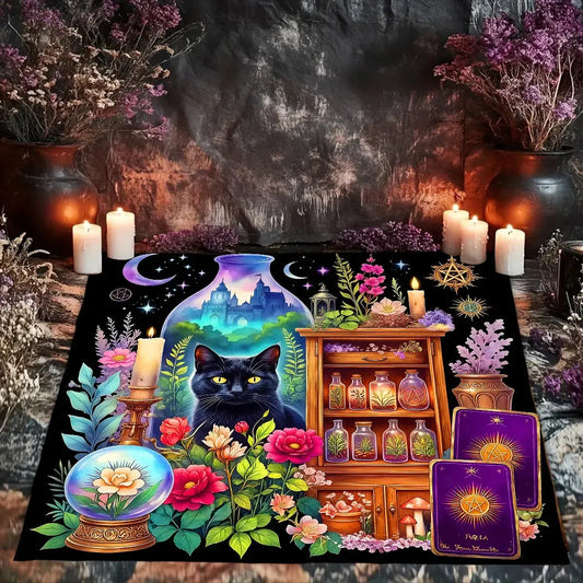 Witchy Black Cat Crystal Ball Tarot Altar Cloth-MoonChildWorld