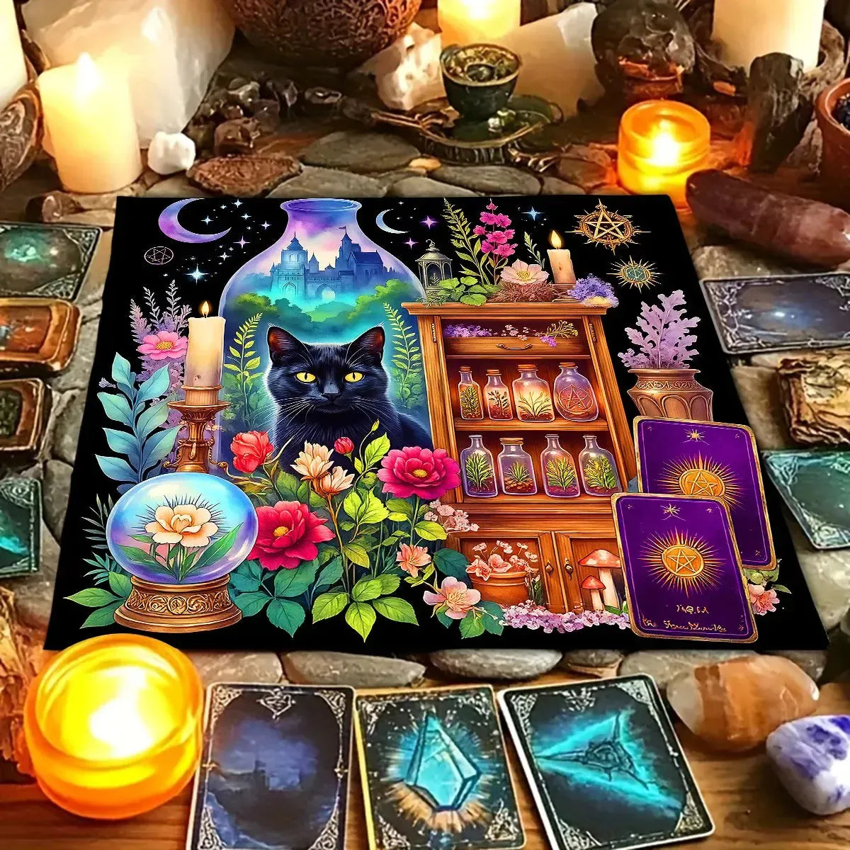 Witchy Black Cat Crystal Ball Tarot Altar Cloth-MoonChildWorld