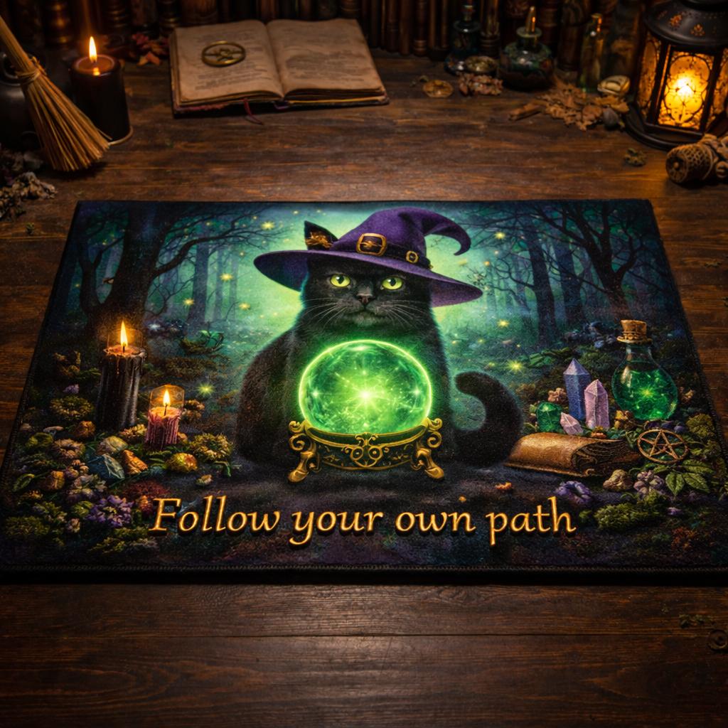 Witchy Black Cat Doormat – Spooky Halloween Welcome Mat for Gothic Entryway-MoonChildWorld