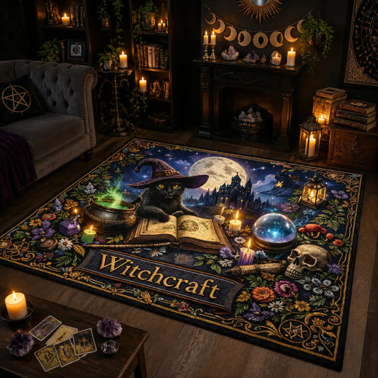Witchy Black Cat Gothic Area Rug - Spooky Cat Carpet for Halloween_mockup_1.webp