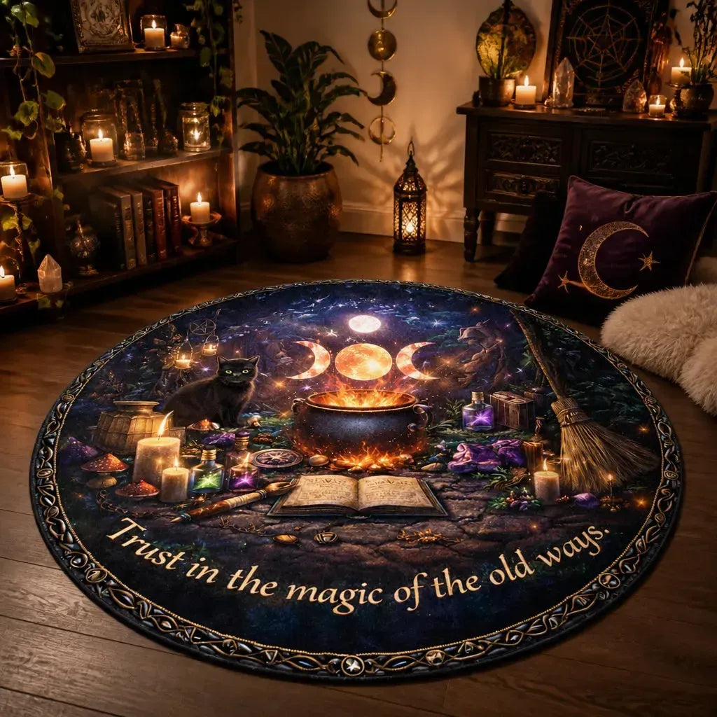 Witchy Black Cat Round Rug - Wicca Triple Moon Carpet Witch Home Decor_mockup_1.webp