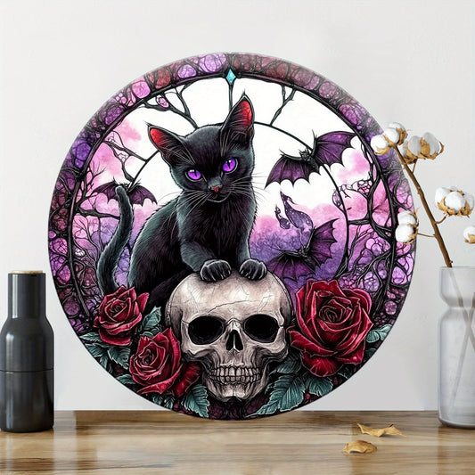 Witchy Black Cat Skull Metal Sign for Gothic Christmas Home Decor-MoonChildWorld