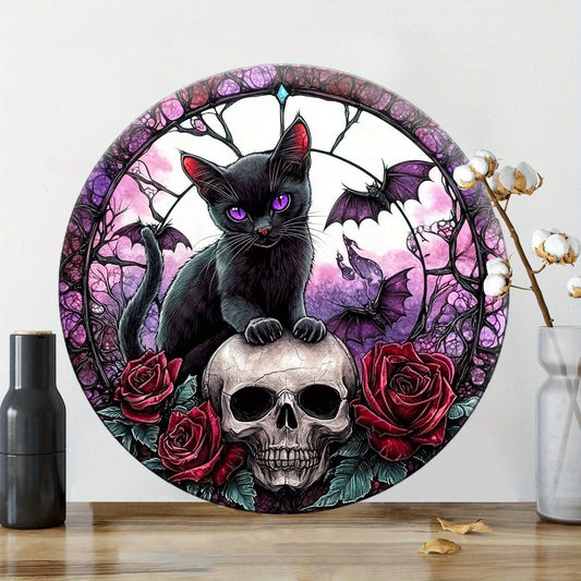 Witchy Black Cat Skull Metal Sign for Gothic Christmas Home Decor-MoonChildWorld