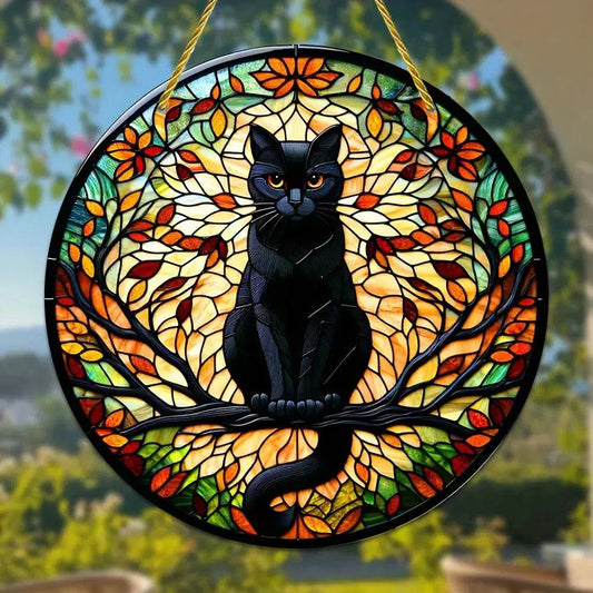 Witchy Black Cat Suncatcher Halloween Gothic Acrylic Round Sign-MoonChildWorld