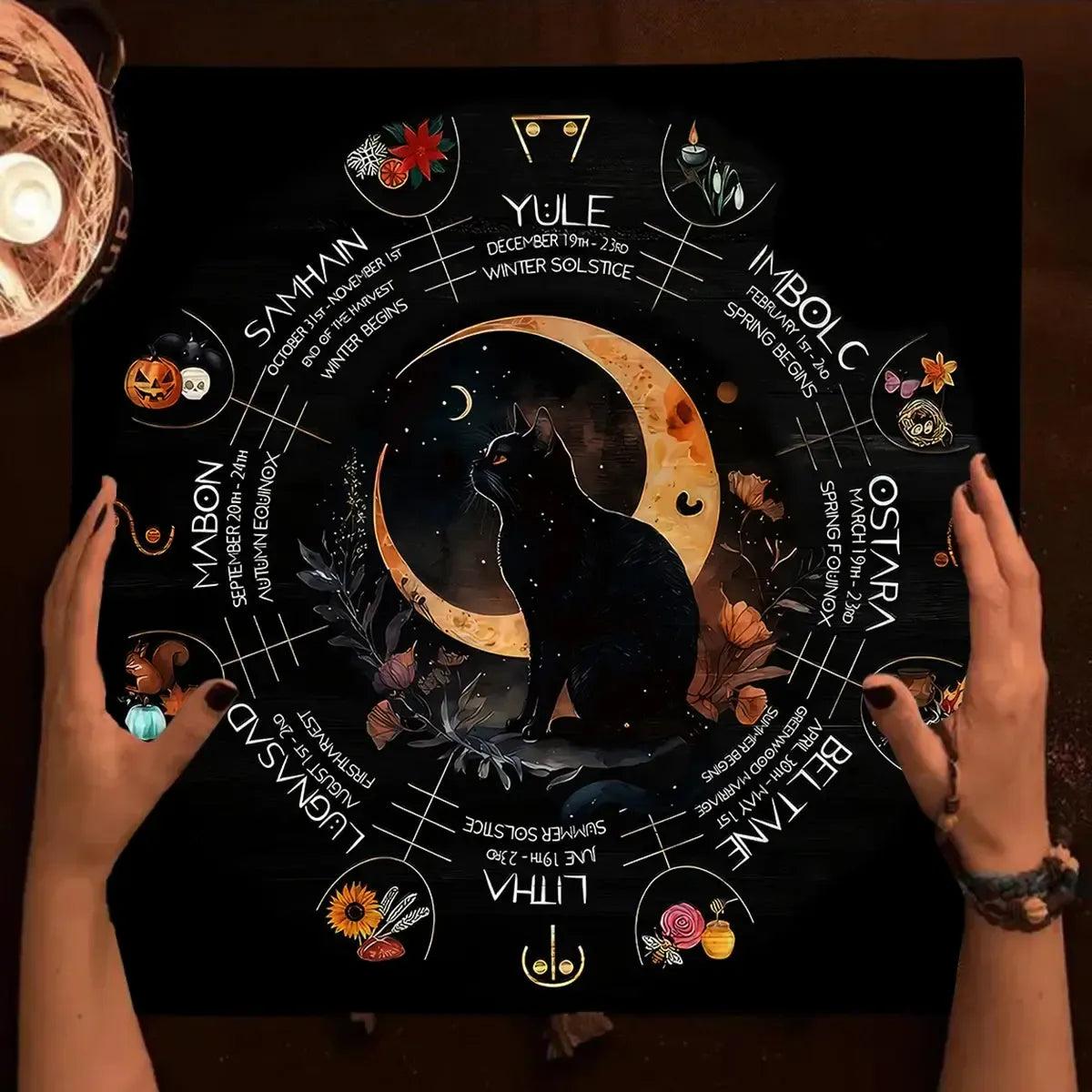 Witchy Black Cat Tarot Card Tablecloth Wheel of year Pagan Altar Cloth-MoonChildWorld
