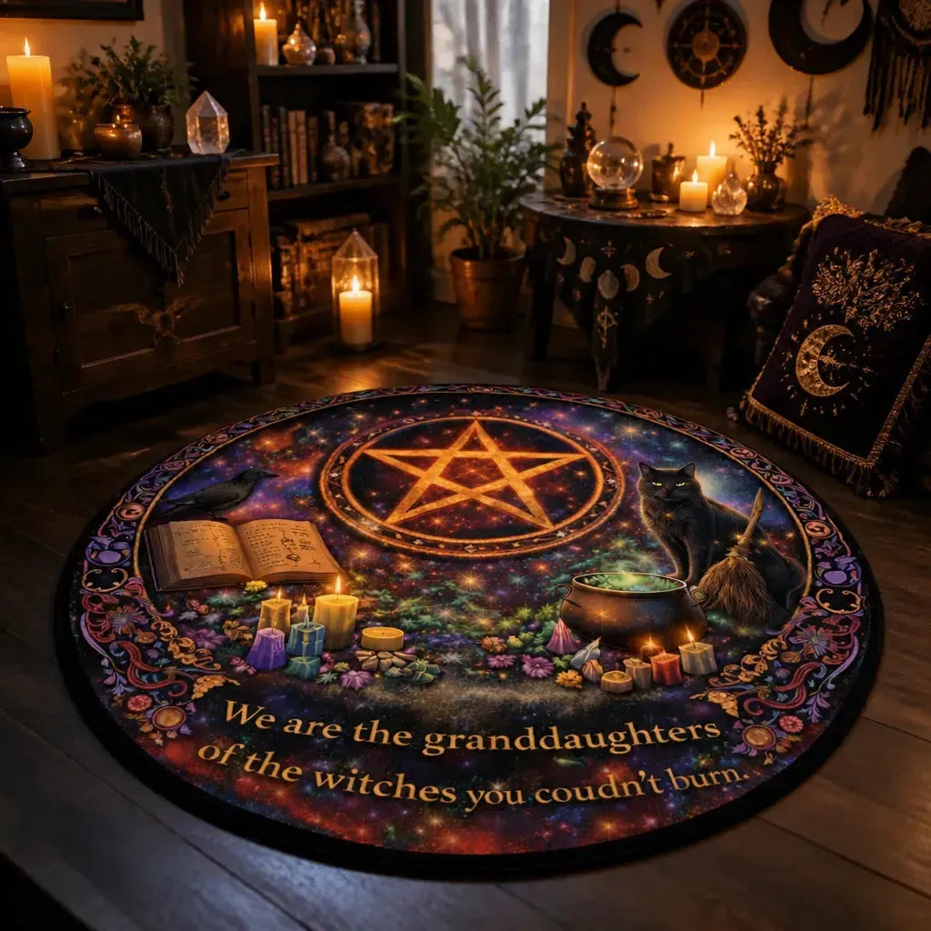 Witchy Black Cat and Gothic Raven Round Rug - Witchcraft Pentacle Carpet Wicca Home Decor_mockup_1.webp