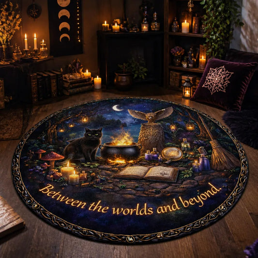 Witchy Black Cat and Owl Gothic Round Rug Halloween Carpet Wiccan Home Decor_mockup_1.webp