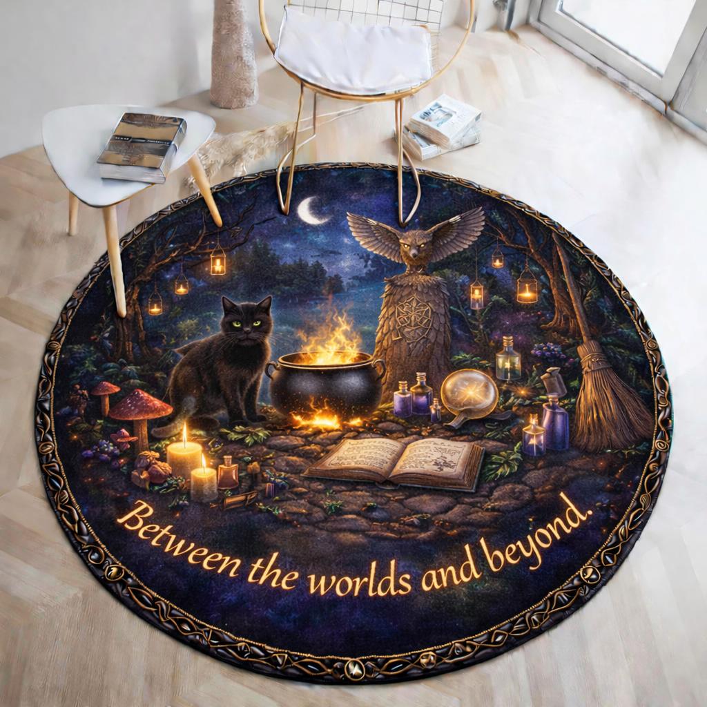Witchy black cat and owl gothic round rug with cauldron, moon, and "Between the worlds and beyond" text.