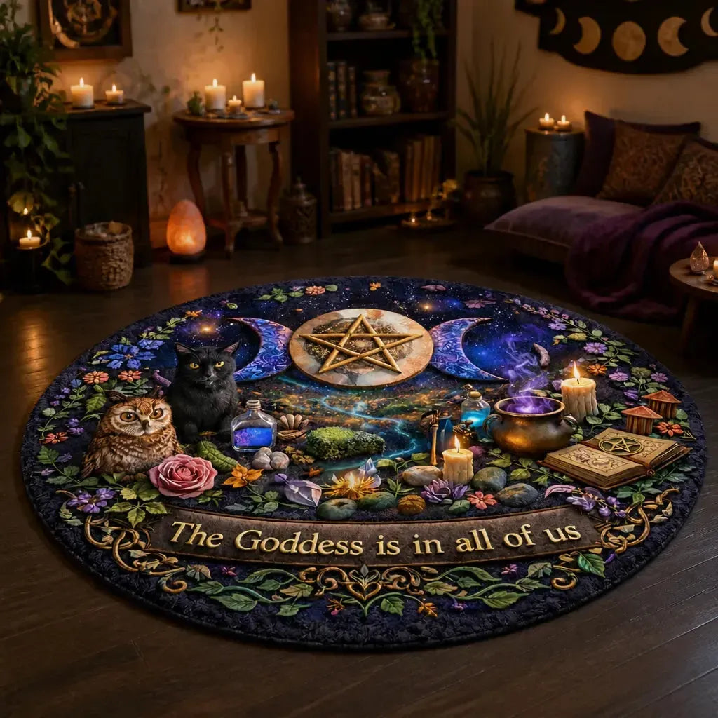 Witchy Black Cat and Owl Round Rug Wicca Triple Moon Carpet Witch Home Decor_mockup_1.webp