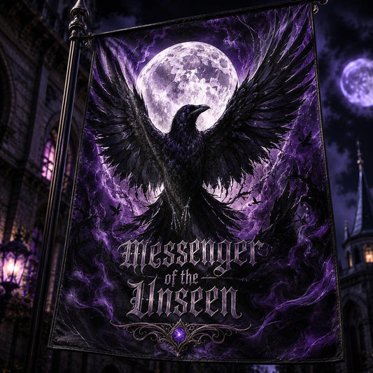 Witchy Black Raven house flag displayed outdoors on a garden flag stand