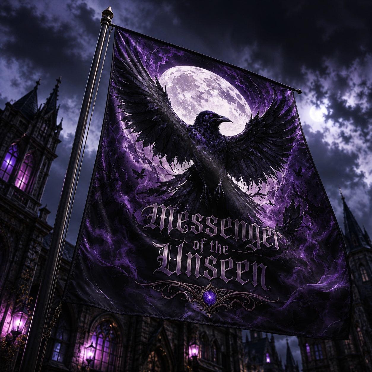 Witchy Black Raven house flag mockup hanging outdoors as pagan gothic decor