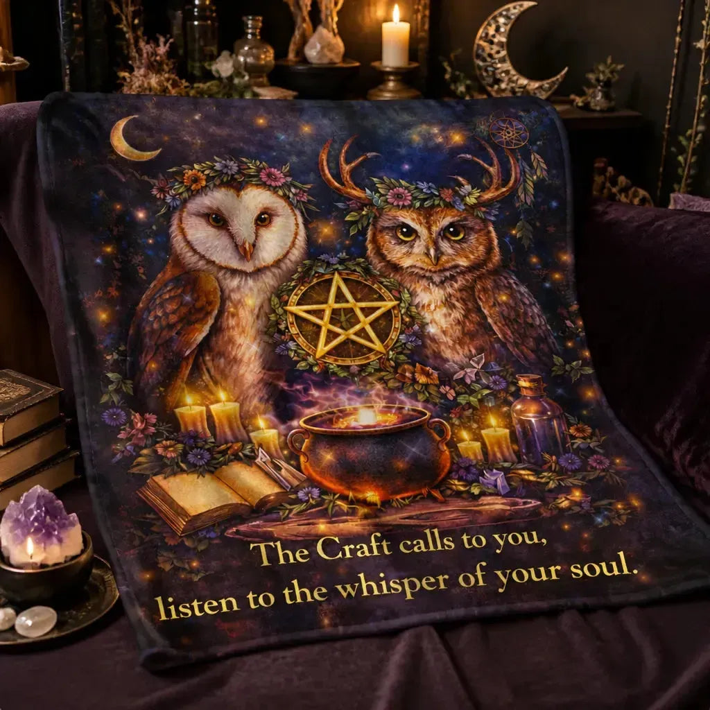 Witchy Blanket with Owls and Wicca pentacle Pagan Home Decor_mockup_3.webp