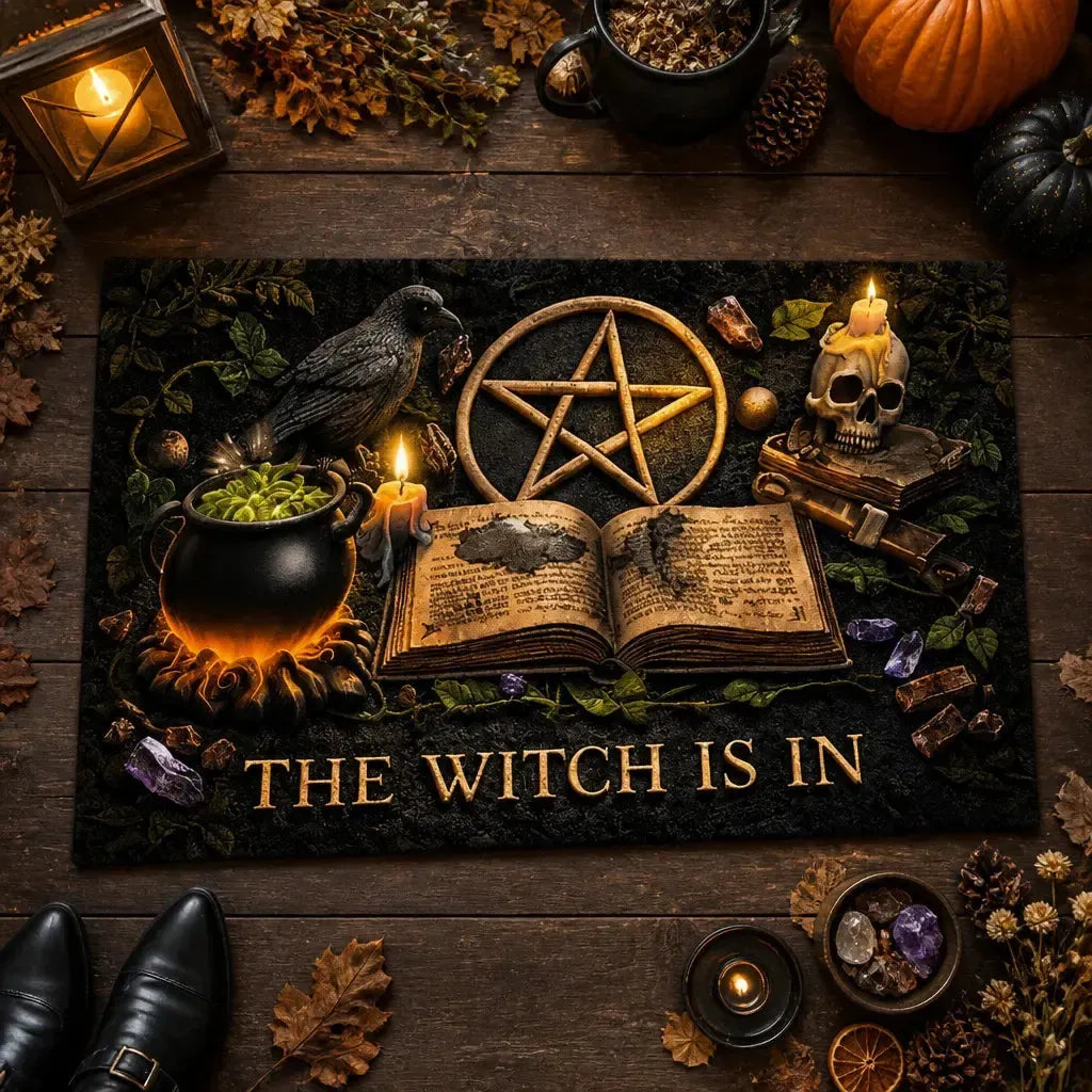 Witchy Doormat with Raven, Pentacle, Skull – Spooky Halloween Welcome Mat for Gothic Porch_mockup_3.webp
