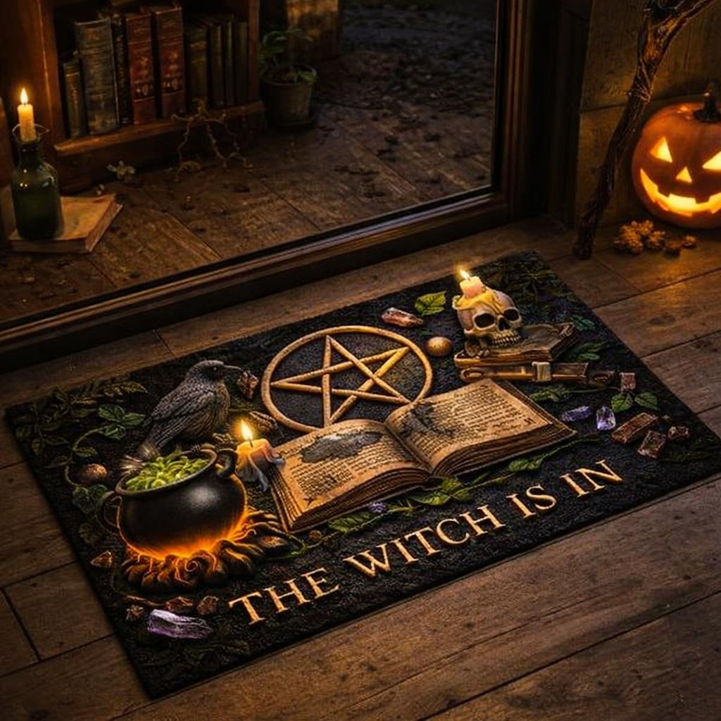 Witchy Doormat with Raven, Pentacle, Skull – Spooky Halloween Welcome Mat for Gothic Porch-MoonChildWorld
