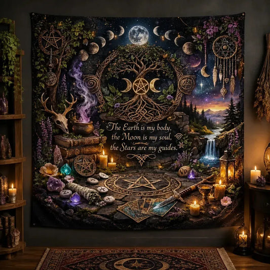 Witchy Pagan Tapestry with Tree of Life, Pentacle, Triple Moon โ Wiccan Altar Wall Hanging_mockup_2.webp