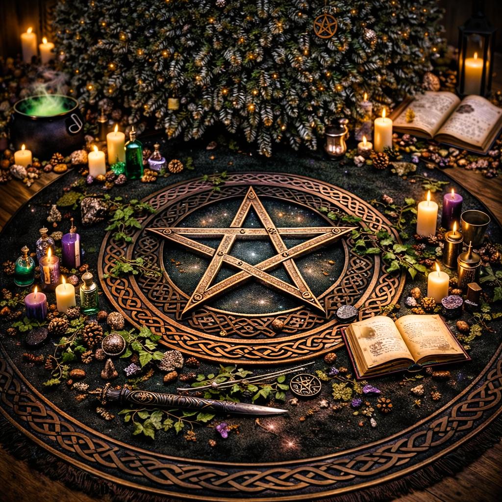 Dark green velvet tree skirt with a large golden pentacle and Celtic knot border, surrounded by candles and Yule decor.