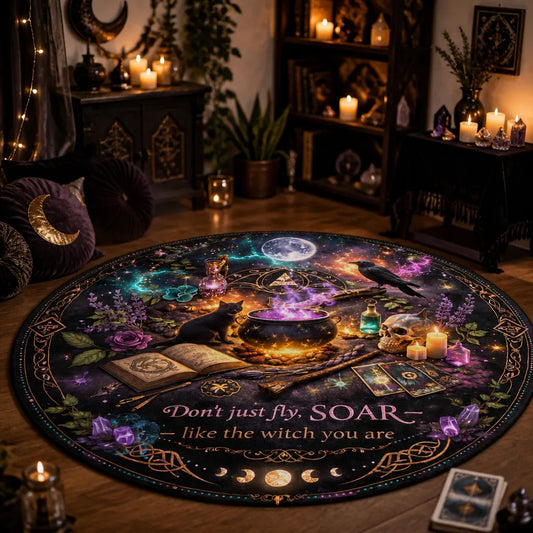 Witchy Raven Black Cat Wiccan Round Rug Gothic Halloween Carpet Pagan Home Decor_mockup_1.webp