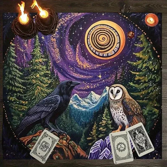 Witchy Raven & Owl Night Sky Tarot Tablecloth โ Mystical Forest Design for Wicca Divination & Altar-MoonChildWorld