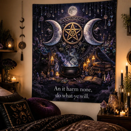 Witchy Tapestry witch Black Cat & Gothic Raven - Wicca Pentagram & Triple Moon Witchcraft Wall Hanging_mockup_1.webp