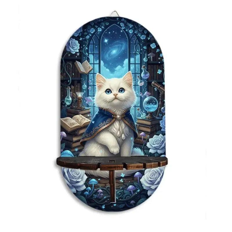 Wizard Cat Wall Shelf for Crystal, Candle – Wooden Halloween Floating Shelf Witchy Altar Decor-MoonChildWorld