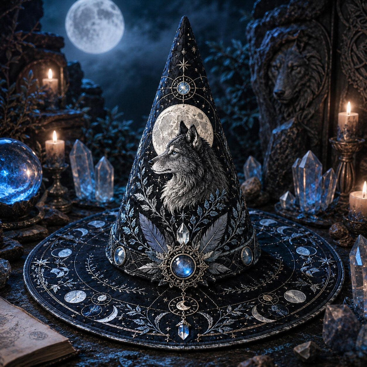 Wolf Guardian Witch Hat – Moonstone Celestial Pagan Wide Brim Hat – quilting and print detail