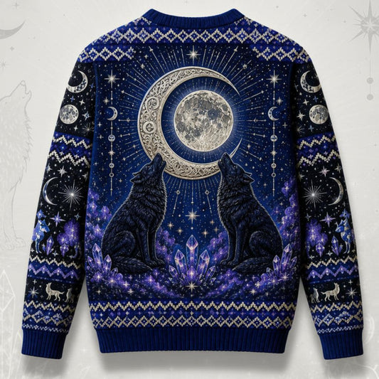 A navy blue crewneck sweater with a detailed celestial and wolf pattern, shown from the back. The design features two black howls facing a large silver crescent moon and full moon, surrounded by stars, crystals, and additional wolf motifs on the sleeves.