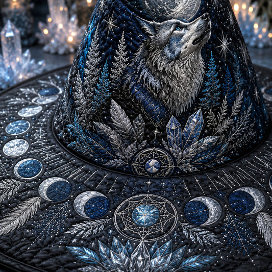 Wolf Moon Witch Hat – Winter Celestial Pagan Wide Brim Hat – styled with candles and crystals