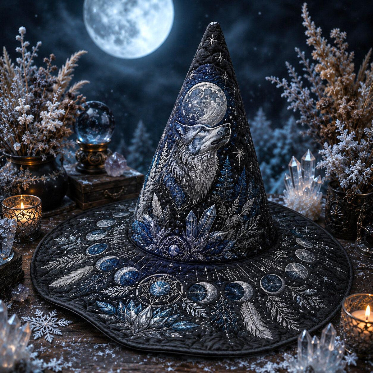 Wolf Moon Witch Hat – Winter Celestial Pagan Wide Brim Hat – held in both hands