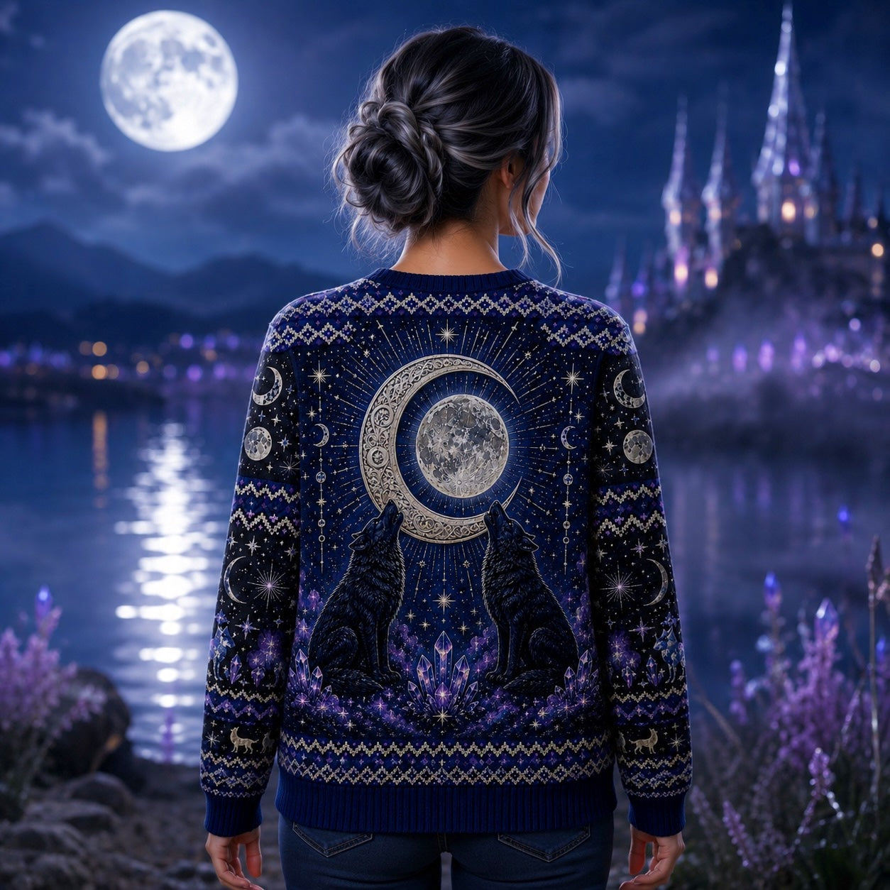 Wolf Moon Witch Sweater Celtic Knit Pagan Winter Jumper worn, back view