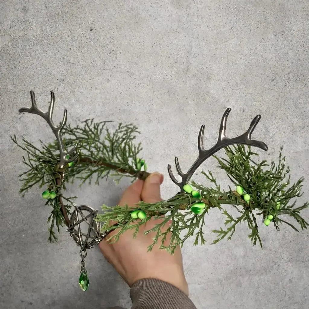 Woodland Antler Headpiece Elf Crown Green Gem Fairy Tiara Forest Goddess Headdress Renaissance Pagan Hair Accessories-MoonChildWorld