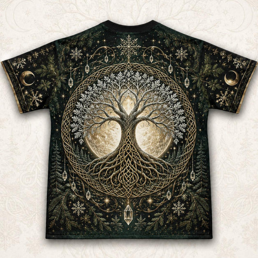 Yggdrasil Tree Of Life T-Shirt Evergreen Candle Norse Yule Tee back view