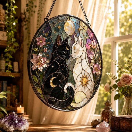 Yin Yang Sun and Moon Cats Glass Suncatcher - close up detail