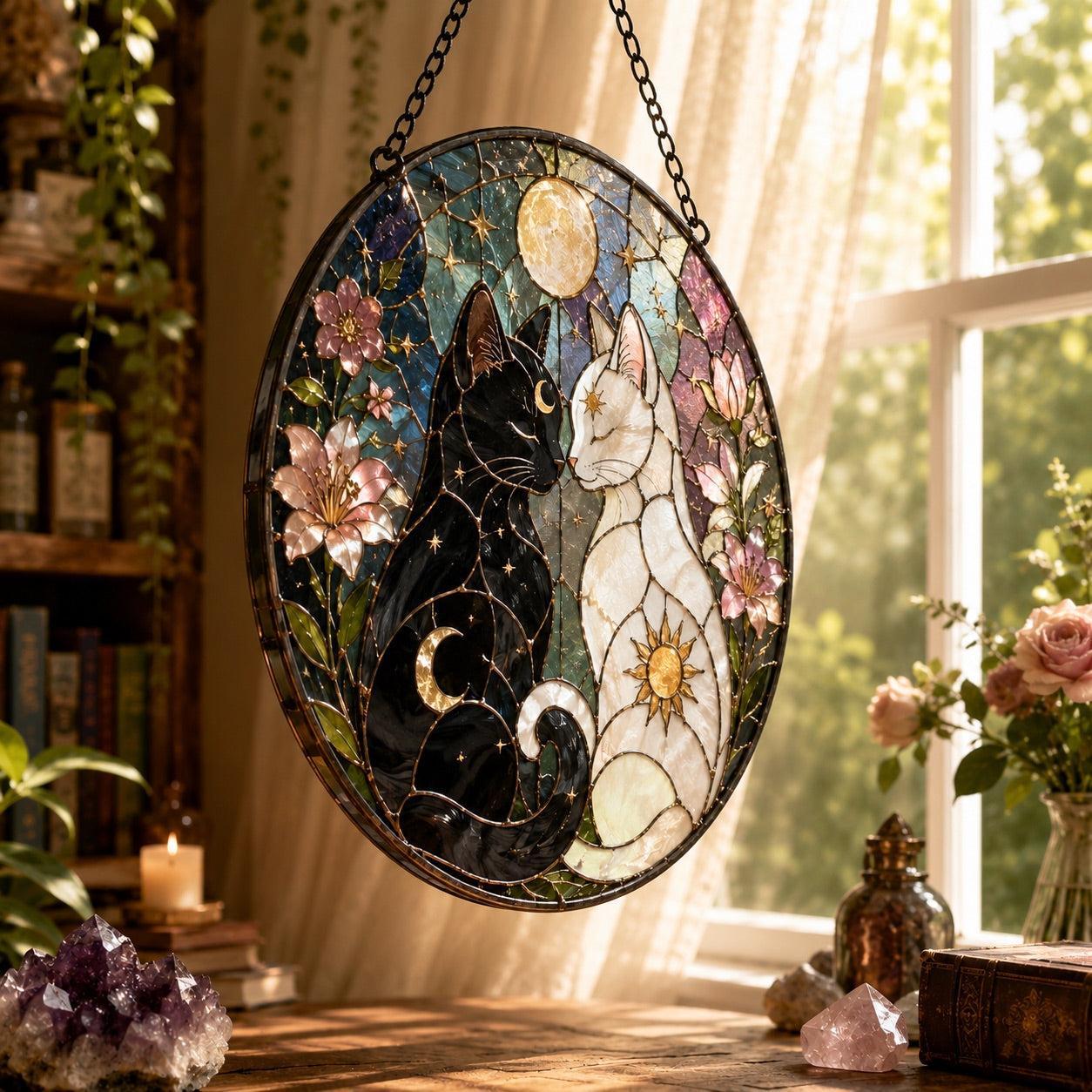 Yin Yang Sun and Moon Cats Glass Suncatcher - hanging view
