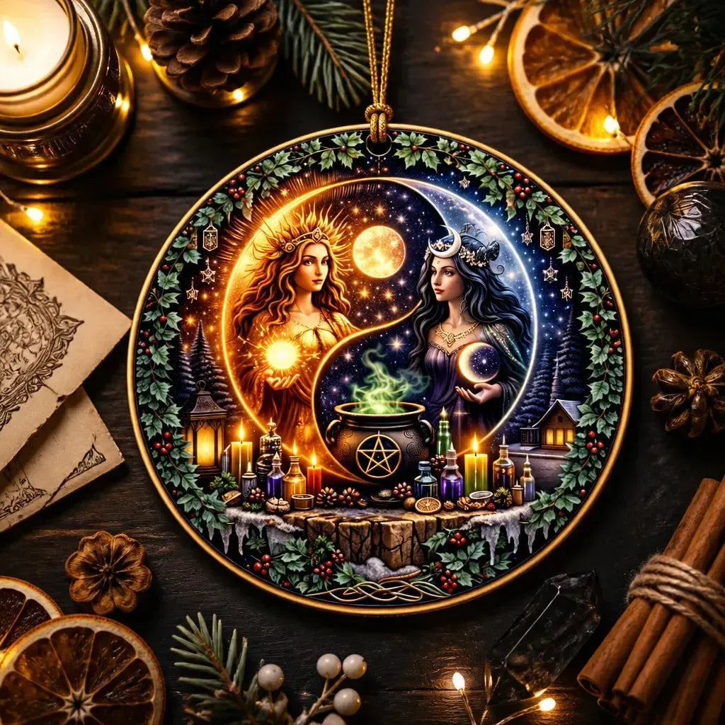 Yin-Yang Sun and Moon Goddess Wicca Yule Ceramic Ornament – Pagan Witchy Christmas Home Decor_mockup_3.webp